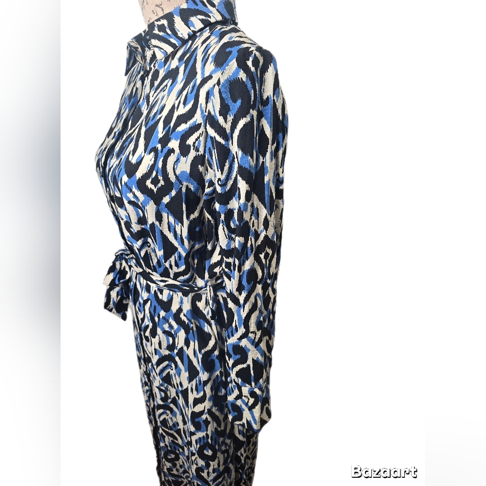 Zara Printed Midi Collard Shirt Midi Dress with Belt  Blue/Black Size Medium